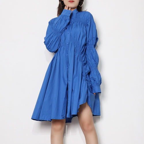 Load image into Gallery viewer, Puff Sleeve Shirt Dress Women Ruched Oversized Casual Dress Female Casual Fashion Clothing Big Size Spring
