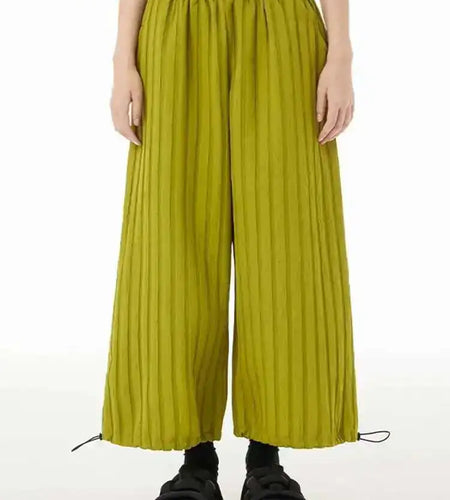 High Elastic Waist Green Pleated Striped Drawstring Pants New Loose Fit Trousers Women Fashion Spring Autumn 2025 1DF5825