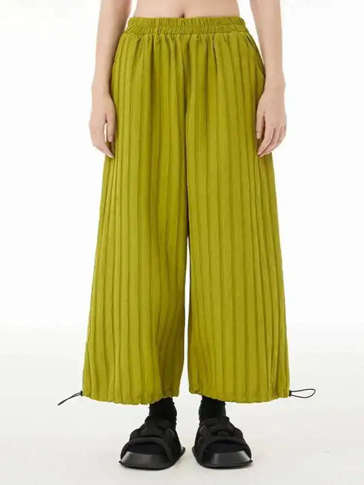 High Elastic Waist Green Pleated Striped Drawstring Pants New Loose Fit Trousers Women Fashion Spring Autumn 2025 1DF5825