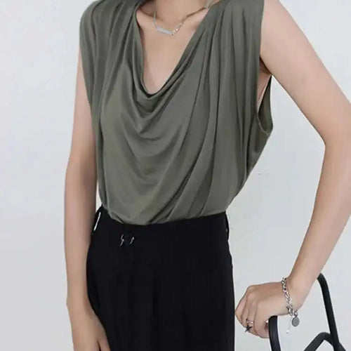 Load image into Gallery viewer, Women White Army Green Pleated Elegant Big Size T-shirt New Round Neck Sleeveless Fashion Tide Spring Summer 2025  1DF5071

