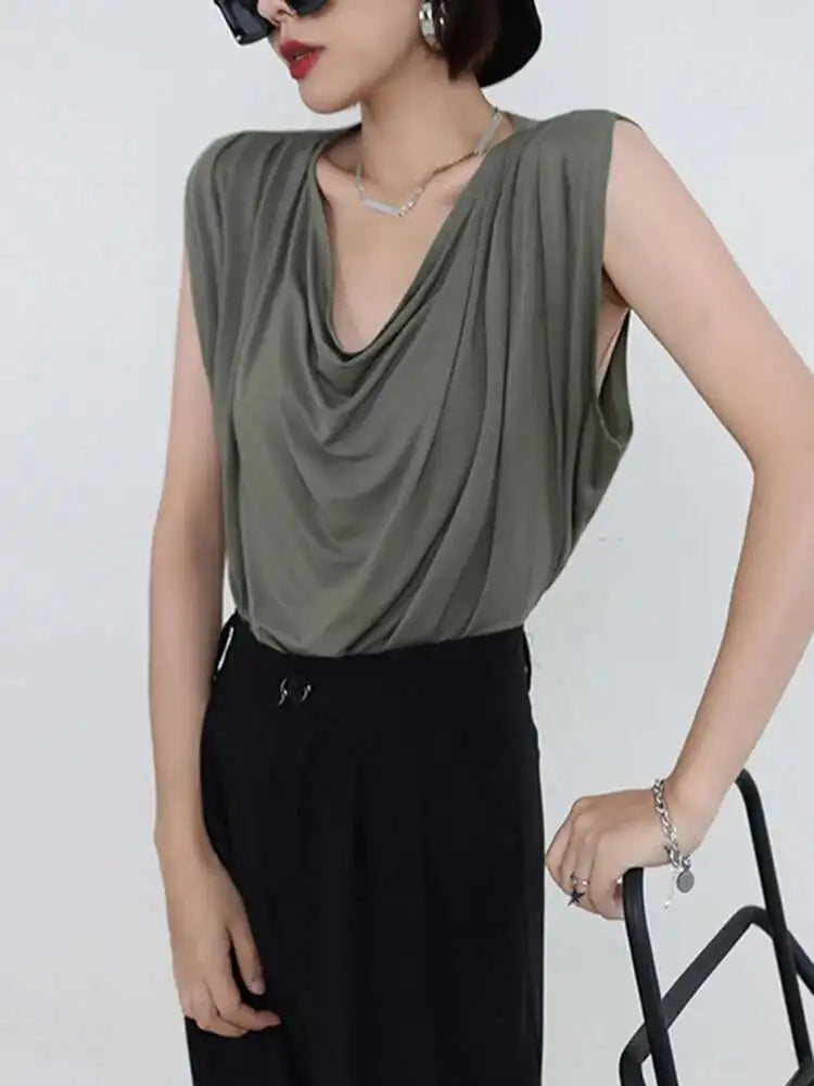 Women White Army Green Pleated Elegant Big Size T-shirt New Round Neck Sleeveless Fashion Tide Spring Summer 2025  1DF5071