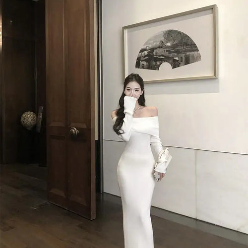 Load image into Gallery viewer, Retro Solid Sexy Club Long Sleeve Off Shoulder Knitted Dress Autumn French Style Chic Slim Long Sleeves Elegant Wrap Hip Dresses

