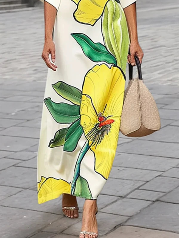 Women's 2025 Summer Floral Print Maxi Dress Boho Chic Beach Resort Evening Party Elegant Yellow Long Dress Luxury Lady