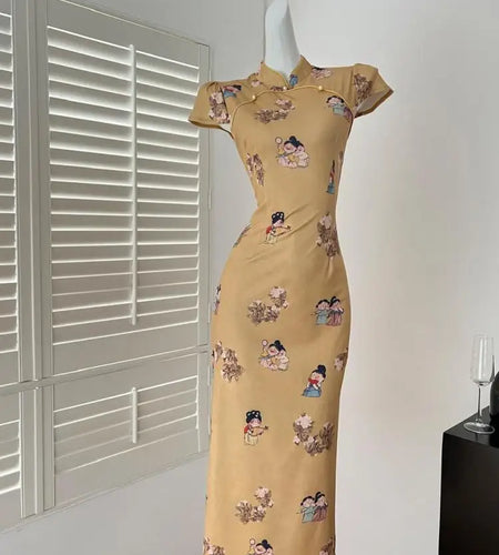 Summer Chinese Style Vintage Fashion Yellow Print Party Long Dress Women Elegant Short Sleeve Dress 2025 New Street Popular Robe