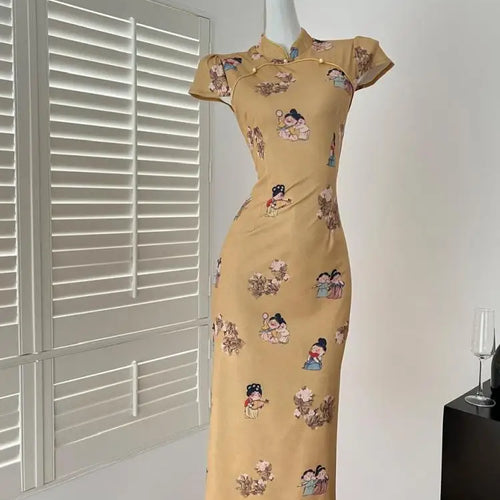 Load image into Gallery viewer, Summer Chinese Style Vintage Fashion Yellow Print Party Long Dress Women Elegant Short Sleeve Dress 2025 New Street Popular Robe
