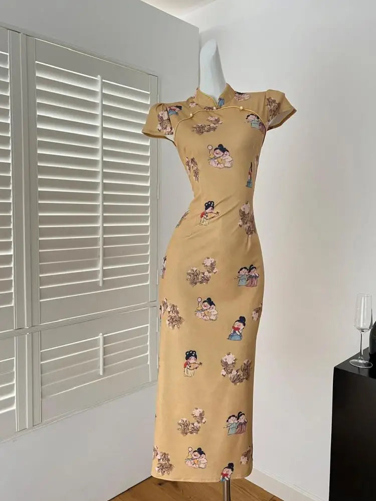 Summer Chinese Style Vintage Fashion Yellow Print Party Long Dress Women Elegant Short Sleeve Dress 2025 New Street Popular Robe