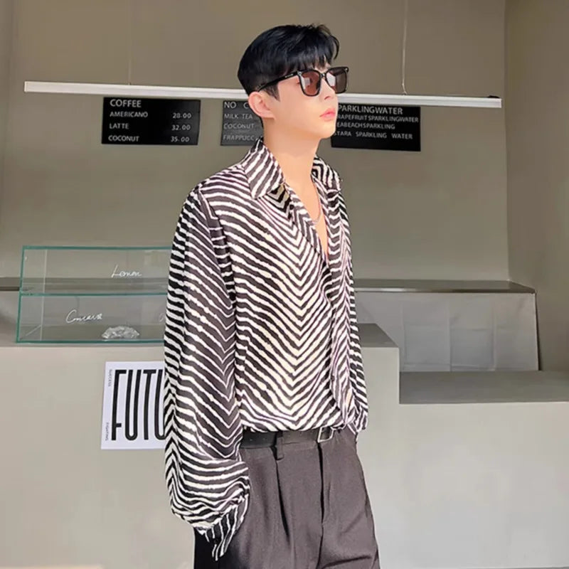 Men's Stripe Shirts New Summer Personalized Trendy Lapel Print Style Korean Male Long Sleeve Casual Shirt Tide 9A7867