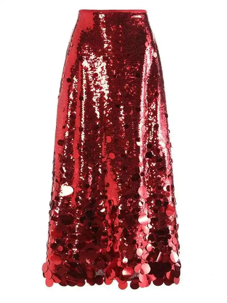 High Waist Red Sequins Shining Elegant A-line Party Half-body Skirt Women Fashion Tide New Spring Autumn 2025  1DH7717