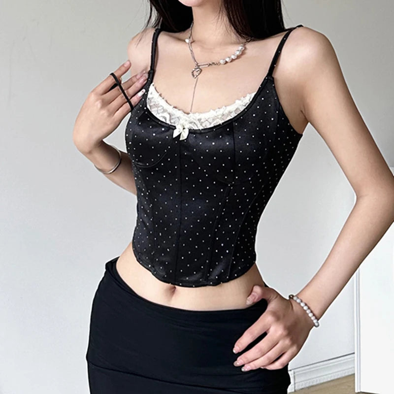 Fashion Chic Strap Corset Sexy Tops Camisole Mini Elegant Lace Patched Dot Bow Party Crop Top Female Korean Style New