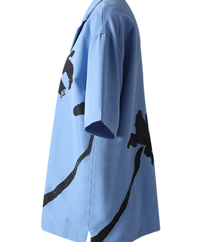 Women Blue Pattern Printed Big Size Casual Blouse New Lapel Short Sleeve Shirt Fashion Tide Spring Summer 2025 CPG3077