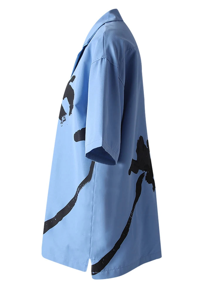 Women Blue Pattern Printed Big Size Casual Blouse New Lapel Short Sleeve Shirt Fashion Tide Spring Summer 2025 CPG3077