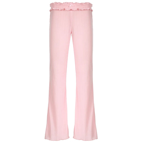 Load image into Gallery viewer, Korean Fashion Pink Ruched Knitted Flared Pants Harajuku Sweet Homewear Slim Trousers Cute Coquette Bow Elastic Waist
