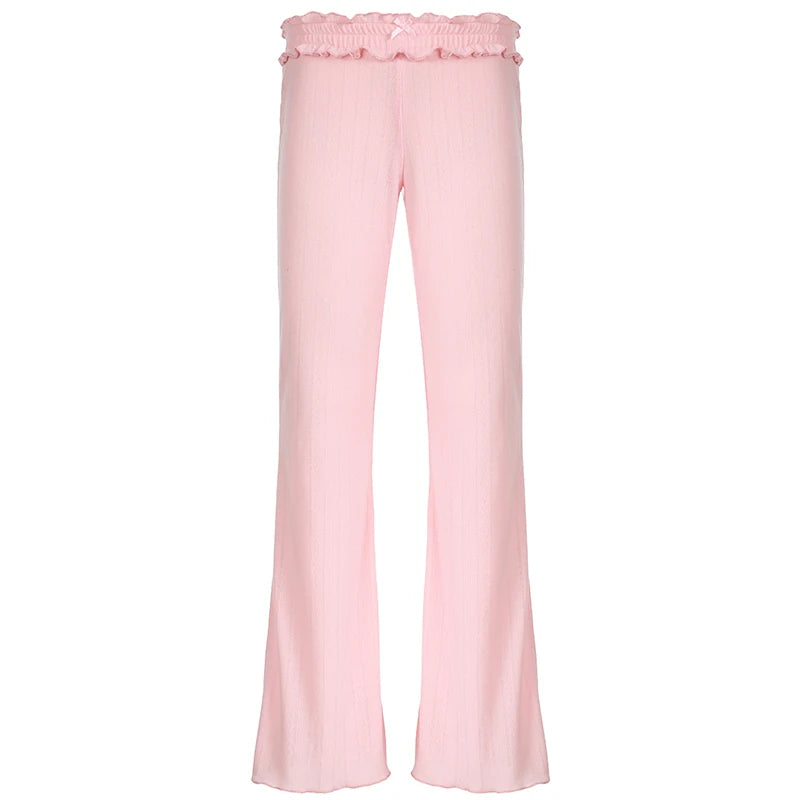 Korean Fashion Pink Ruched Knitted Flared Pants Harajuku Sweet Homewear Slim Trousers Cute Coquette Bow Elastic Waist