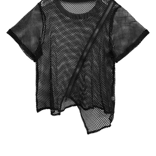 Load image into Gallery viewer, Women Black Grid Hollow Out Irregular Big Size T-shirt New Round Neck Short Sleeve Fashion Tide Spring Summer 2025 1DJ1602
