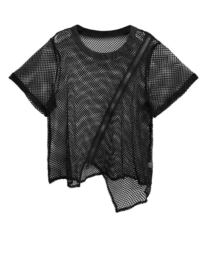 Women Black Grid Hollow Out Irregular Big Size T-shirt New Round Neck Short Sleeve Fashion Tide Spring Summer 2025 1DJ1602