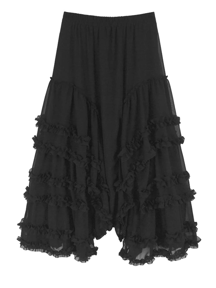 High Elastic Waist Black Irregular Ruffles A-line Half-body Skirt Women Fashion Tide New Spring Autumn 2025  1DJ1106