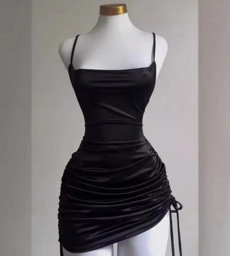 Korean Summer Black Simple Wrap Hip Pleated Mini Dress Sexy Club Backless Drawstring Lace-up Spaghetti Strap Short Dresses Women