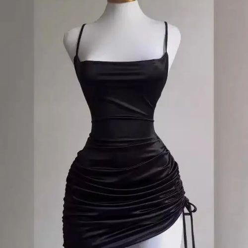 Load image into Gallery viewer, Korean Summer Black Simple Wrap Hip Pleated Mini Dress Sexy Club Backless Drawstring Lace-up Spaghetti Strap Short Dresses Women

