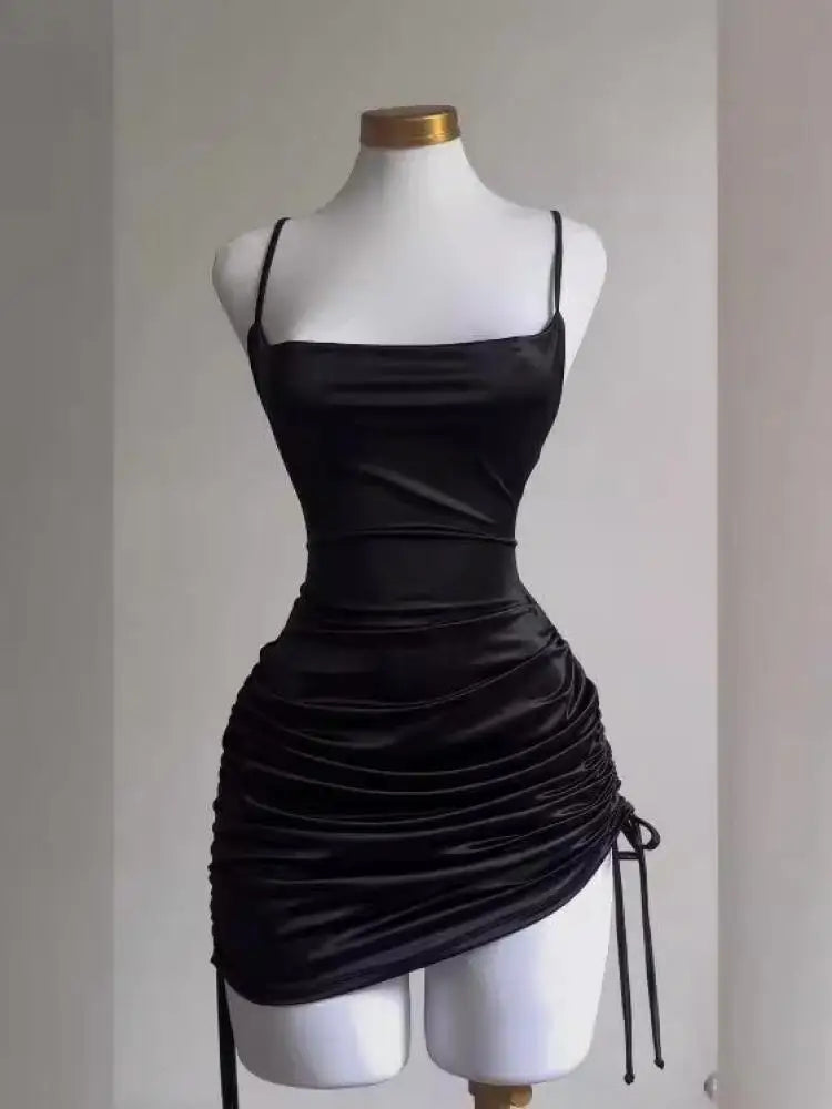 Korean Summer Black Simple Wrap Hip Pleated Mini Dress Sexy Club Backless Drawstring Lace-up Spaghetti Strap Short Dresses Women