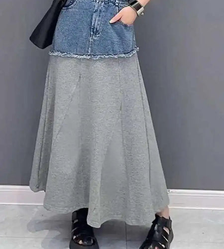 High Waist Black Gray Denim Color-block Midi A-line Half-body Skirt Women Fashion Tide New Spring Autumn 2025 1DH5217