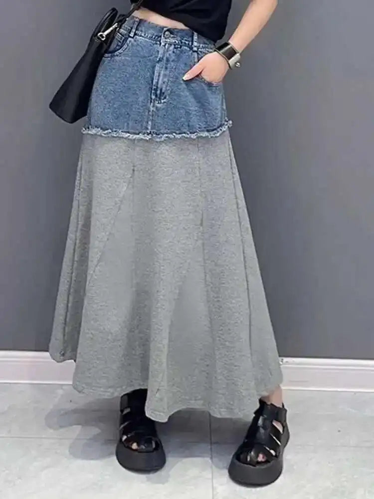 High Waist Black Gray Denim Color-block Midi A-line Half-body Skirt Women Fashion Tide New Spring Autumn 2025 1DH5217