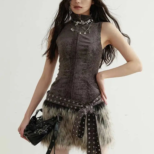 Load image into Gallery viewer, Women Gray Fur Spliced Bandage Elegant Mini Dress New Turtleneck Sleeveless Fashion Tide Spring Autumn 2025 1DH9342
