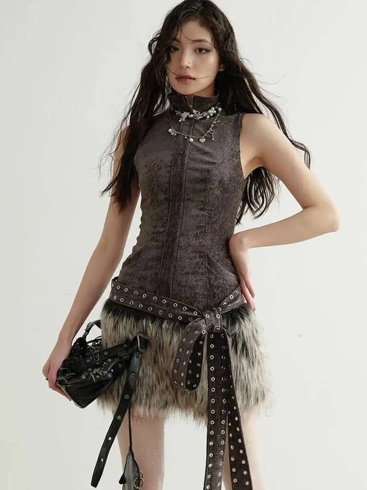 Women Gray Fur Spliced Bandage Elegant Mini Dress New Turtleneck Sleeveless Fashion Tide Spring Autumn 2025 1DH9342