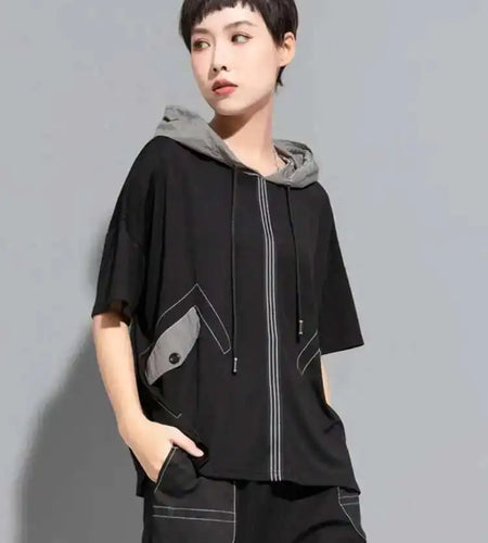 Women Black Pockets Drawstring Big Size T-shirt New Loose Fit Hooded Short Sleeve Fashion Tide Spring Summer 2025 1DF4701