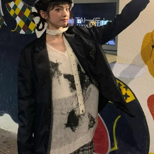 Load image into Gallery viewer, Harajuku Vintage Grunge Butterfly Printing Pullovers Women Y2k Aesthetic See Through Jumpers Streetwear Girl Oversized Sweaters
