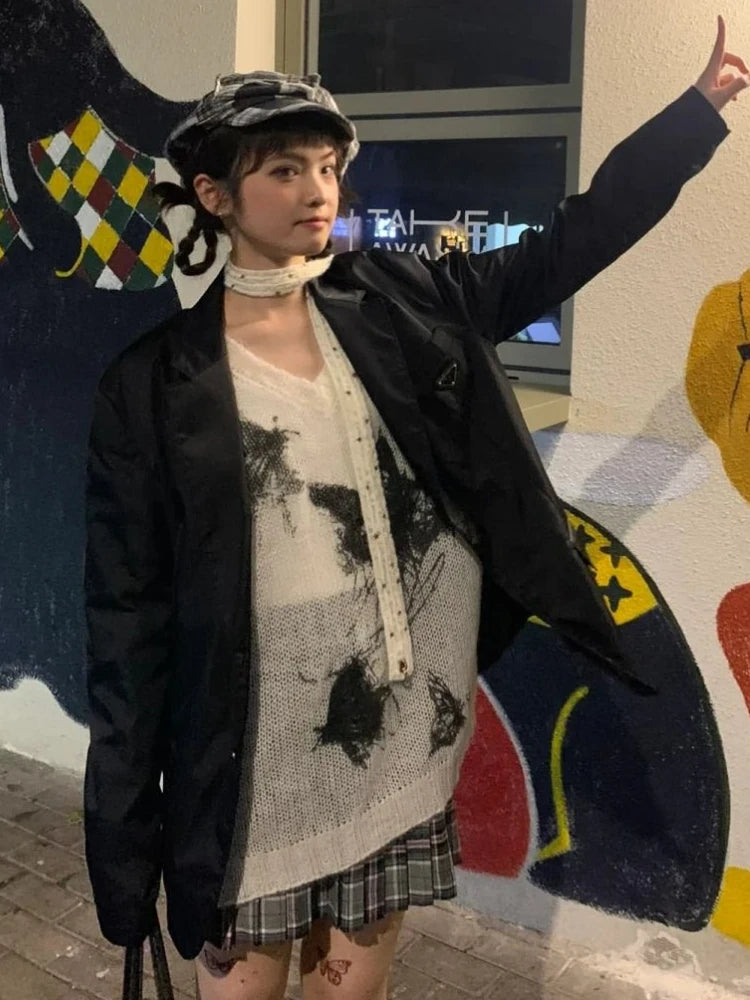 Harajuku Vintage Grunge Butterfly Printing Pullovers Women Y2k Aesthetic See Through Jumpers Streetwear Girl Oversized Sweaters