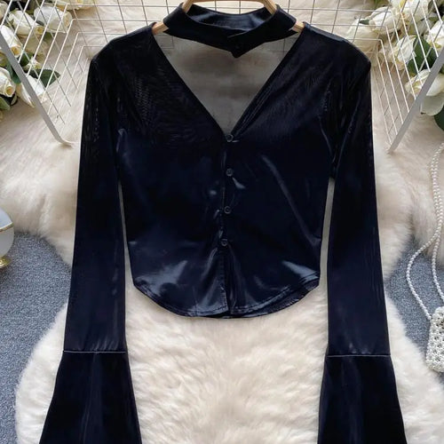 Load image into Gallery viewer, Vintage Solid Sexy Slim High Quality T Shirt Women Elegant Short Tops Spring Autumn Club Party Flared Long Sleeve Tee Shirt Chic
