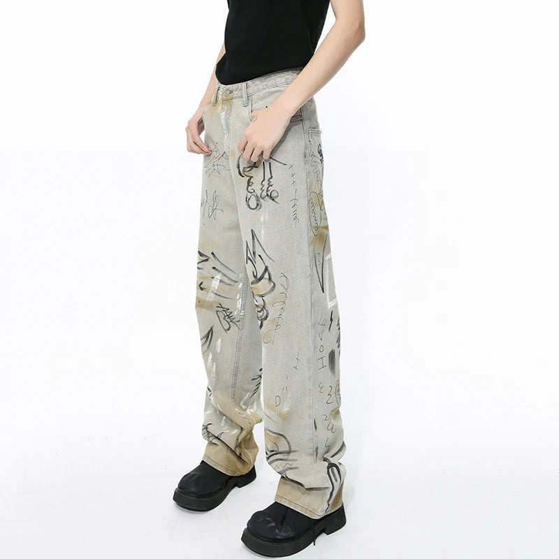 Men Denim Pants New Fashion Male Jeans  Personalized Streetwear Handdrawn Graffiti Washed Worn-out Trendy Trouser 9C5099