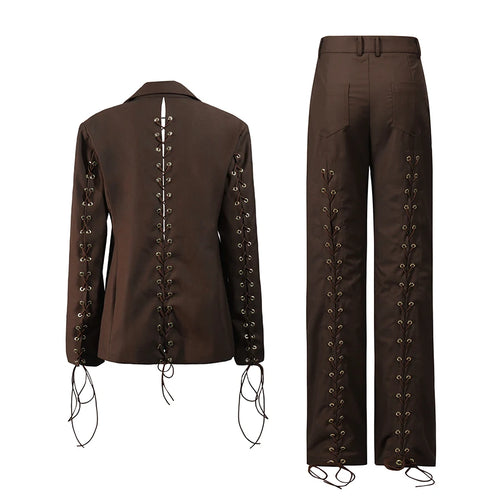Load image into Gallery viewer, Solid Spliced Lace Up Hollow Out Two Piece Sets for Women Lapel Long Sleeves Blazer High Waist Pant Ste Female New
