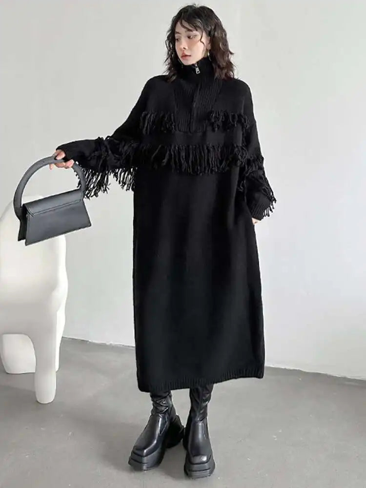 Women Black Tassels Knitting Big Size Midi Dress New Turtleneck Long Sleeve Loose Fit Fashion Spring Autumn 2025 1DH1601