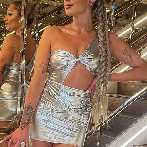 Load image into Gallery viewer, Cut Out One Shoulder Asymmetric Mini Dress Metallic Silver Sexy Bodycon Dresses Date Night Birthday Photoshoot C82CB17
