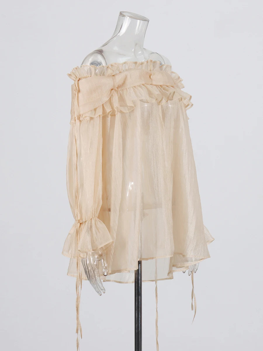 Solid Spliced Lace Up Loose Blouses For Women Slash Neck Long Sleeve Casual Shirts Female Fashion Style Clothes New