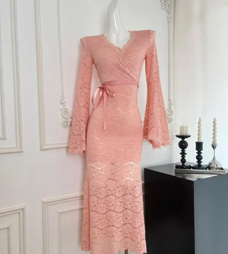 Autumn Winter Vintage Sweet Pink Lace V Neck Bandage Dress French Women's Elegant Long Sleeved Slim Birthday Party Dress Fashion