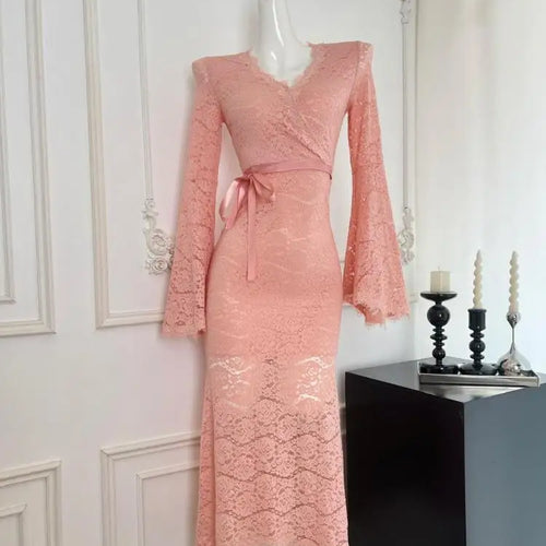 Load image into Gallery viewer, Autumn Winter Vintage Sweet Pink Lace V Neck Bandage Dress French Women's Elegant Long Sleeved Slim Birthday Party Dress Fashion
