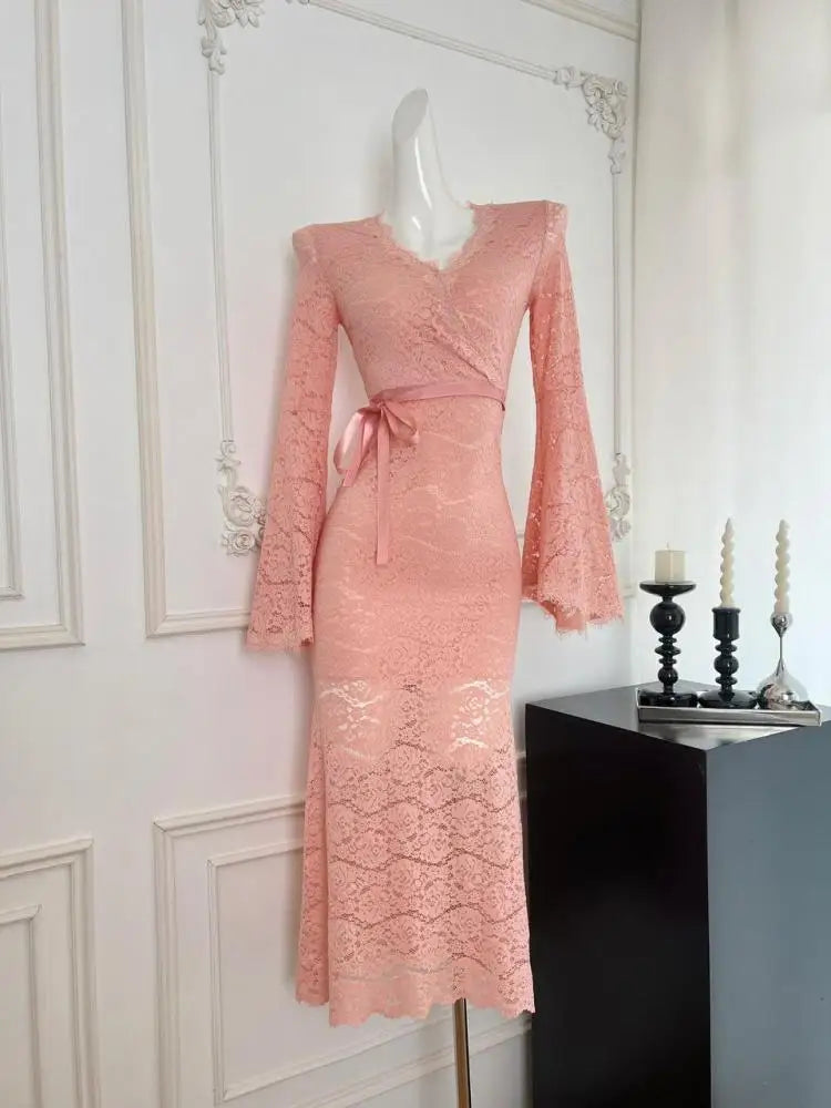 Autumn Winter Vintage Sweet Pink Lace V Neck Bandage Dress French Women's Elegant Long Sleeved Slim Birthday Party Dress Fashion