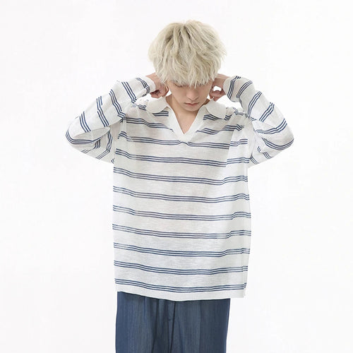 Load image into Gallery viewer, Men's Long Sleeve T-shirts New Korean Contrast Color Striped Design Loose Casual Turn-down Collar Male Handsome Top 9W1677
