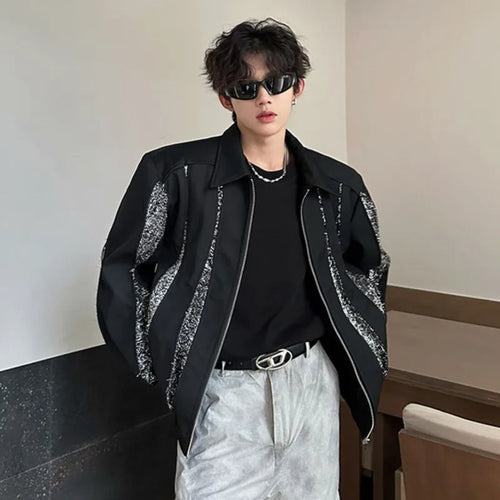 Load image into Gallery viewer, Sequin Design Men Coat Zipper Lapel Pockets Splice Shoulder Pad High Street Male Loose Jacket 2024 Autumn Winter 9C9033
