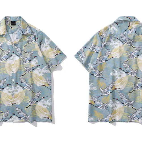 Load image into Gallery viewer, Harajuku Japanese Crane Graphic Print Shirts Y2K Men Summer Button Up Short Sleeve Blouse 2024 Hip Hop Casual Loose Tops Shirt

