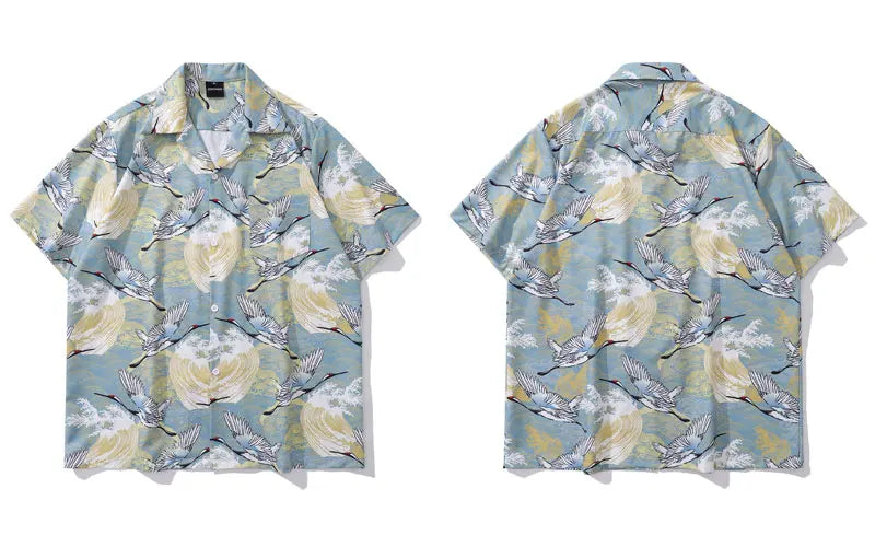 Harajuku Japanese Crane Graphic Print Shirts Y2K Men Summer Button Up Short Sleeve Blouse 2024 Hip Hop Casual Loose Tops Shirt
