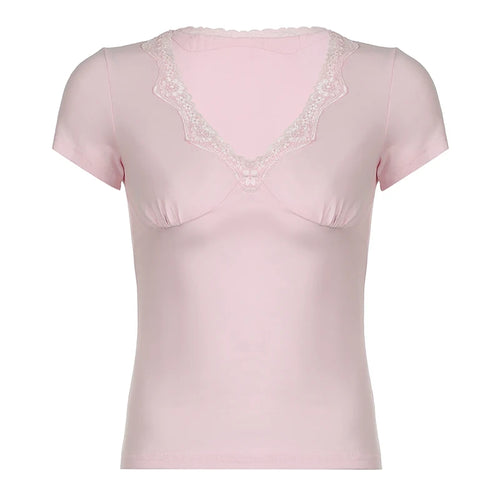Load image into Gallery viewer, Sweet Pink Slim V Neck Summer T-shirt Women Coquette Clothes Fold Top Basic Korean Style Tee Shirts Short Sleeve Cute
