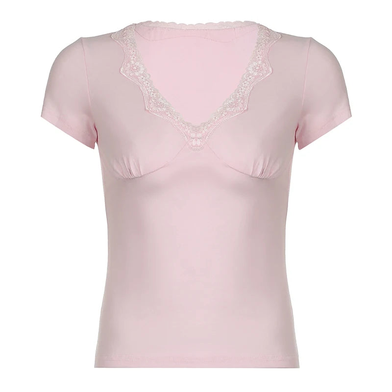 Sweet Pink Slim V Neck Summer T-shirt Women Coquette Clothes Fold Top Basic Korean Style Tee Shirts Short Sleeve Cute