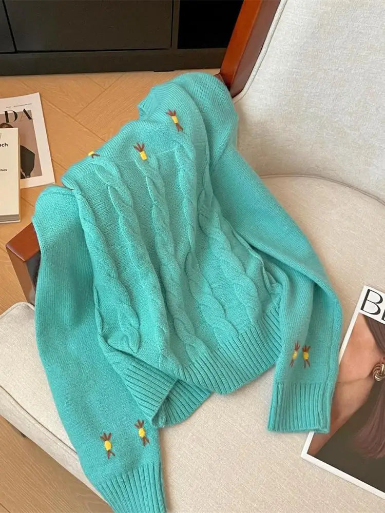 Korean Retro Women's Blue Embroidery Round Neck Vacation Twists Knit Sweater Autumn Winter Red Long Sleeve Fashion Pullover Tops