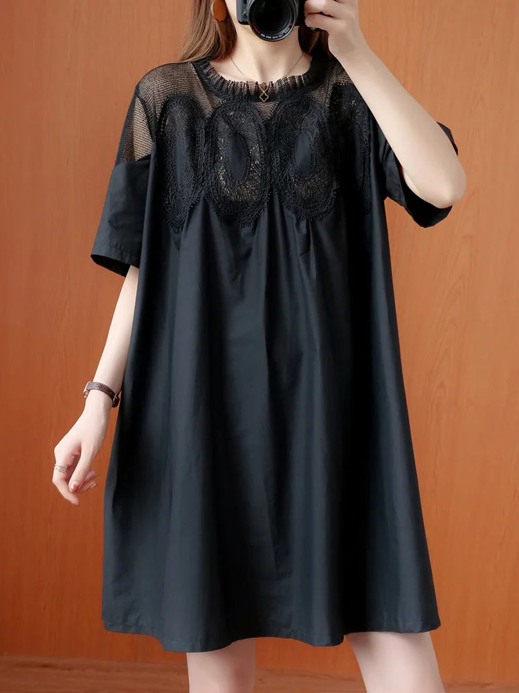 Women Black Lace Meh Perspective Big Size Mini Dress New Round Neck Short Sleeve Fashion Tide Spring Summer 2025 1DJ0336