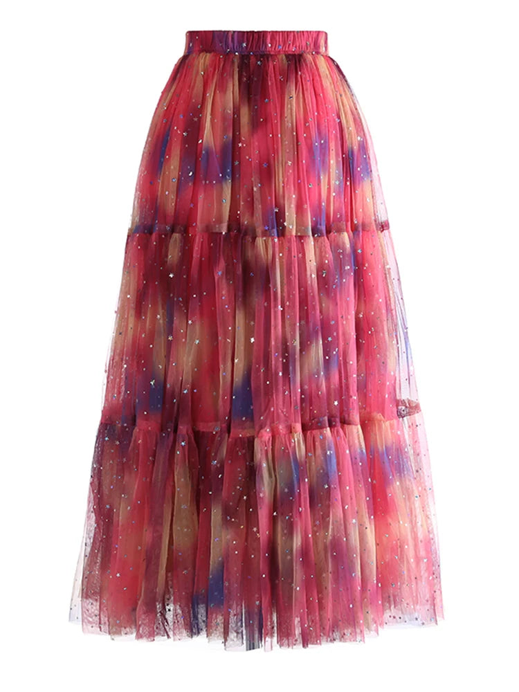 High Elastic Waist Red Gradual Color Sequins Ball Gown Half-body Skirt Women Fashion Tide New Spring Autumn 2025 1DJ1273