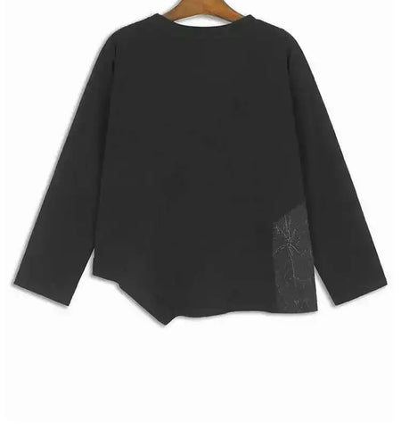 Women Black Irregular Wrinkled Big Size T-shirt New Round Neck Long Sleeve Fashion Tide Spring Autumn 2025 1DH6907