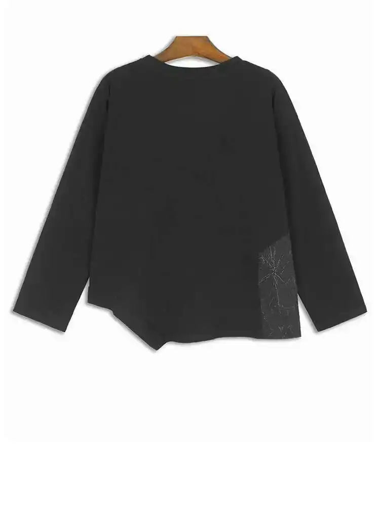 Women Black Irregular Wrinkled Big Size T-shirt New Round Neck Long Sleeve Fashion Tide Spring Autumn 2025 1DH6907